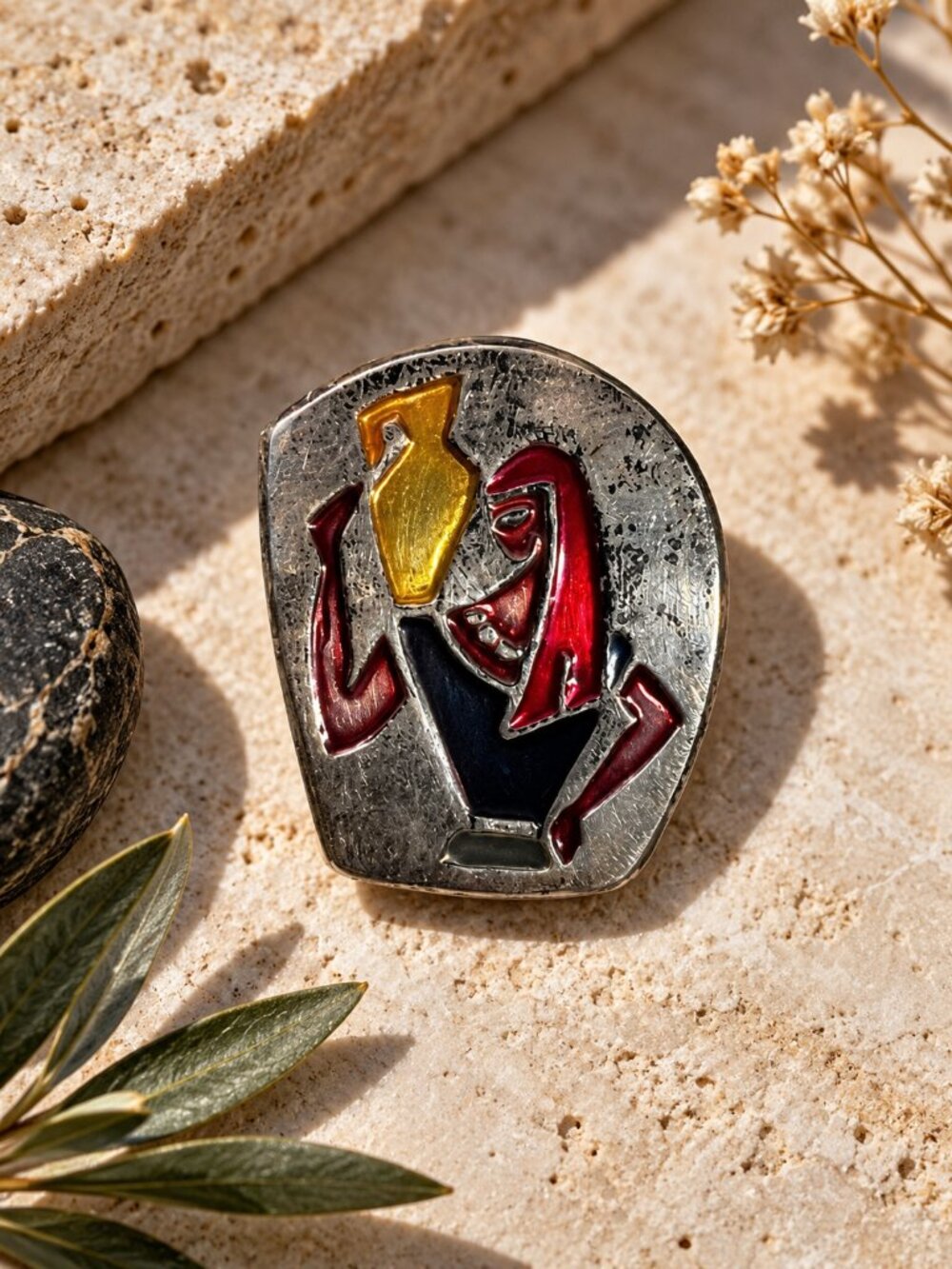 Vintage Mid Century Enamel Brooch Pendant Made in Israel Aquarius Water Bearer